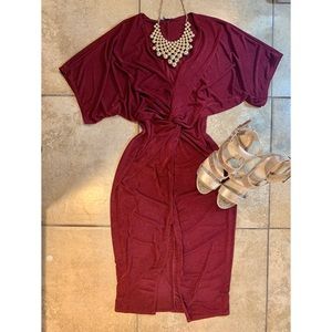 Burgundy Elegant V Slit Midi Dress